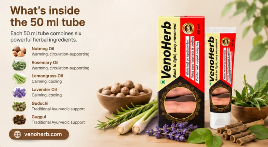 VenoHerb 50 ml tube with its blend of herbal ingredients