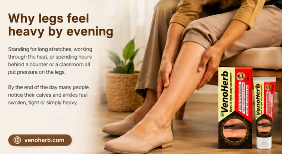 VenoHerb — a person applying leg cream to reduce evening heaviness