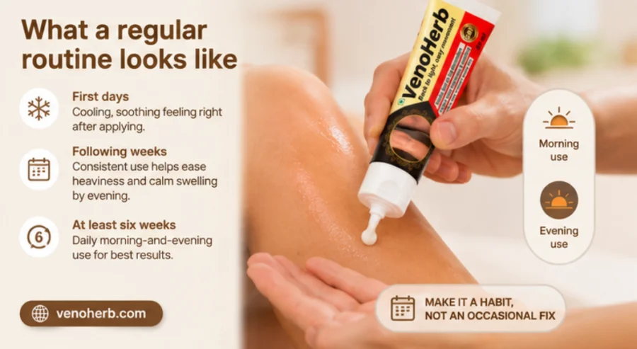 VenoHerb cream being massaged into the skin during a daily routine