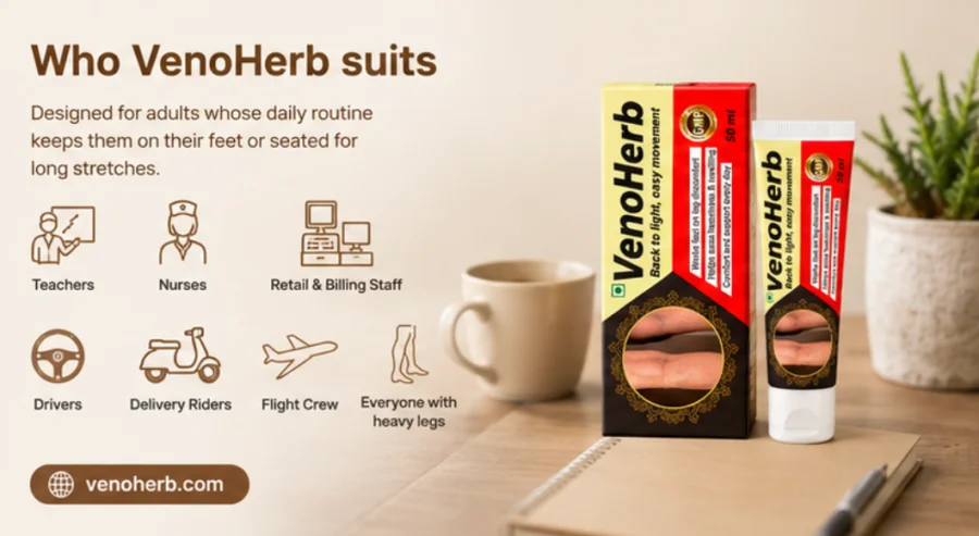 VenoHerb leg cream suited for people who stand or sit for long hours