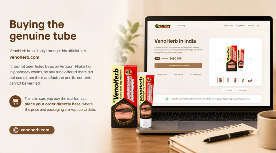 VenoHerb tube and box, the genuine product sold on the official site
