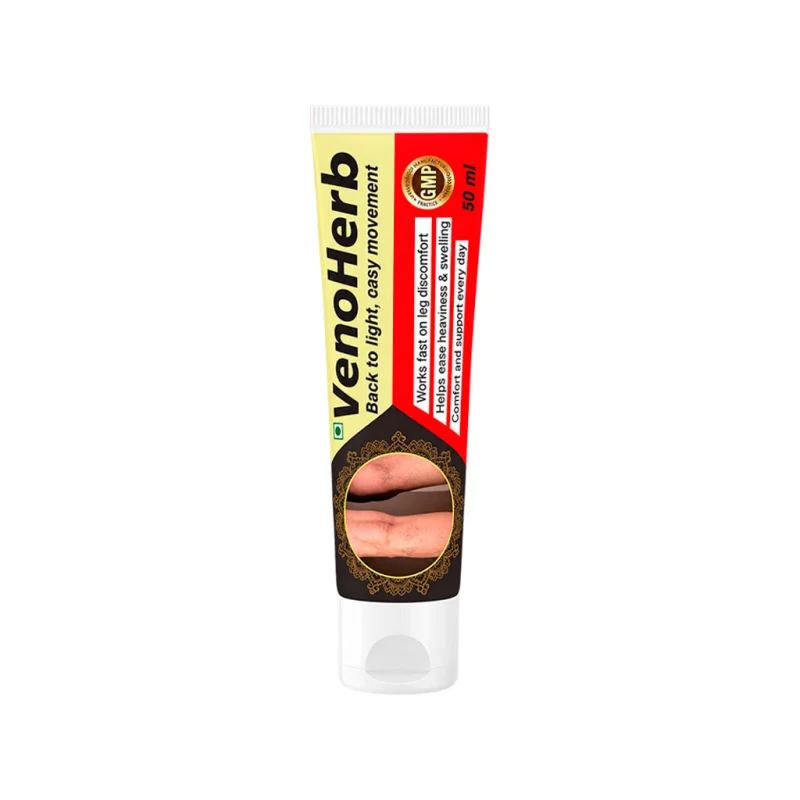 VenoHerb leg cream tube, 50 ml, with a close-up of visible leg veins on the label