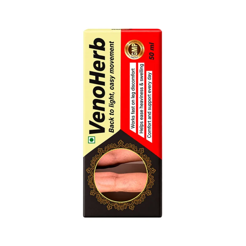 VenoHerb tube standing upright showing the dosage panel and GMP mark